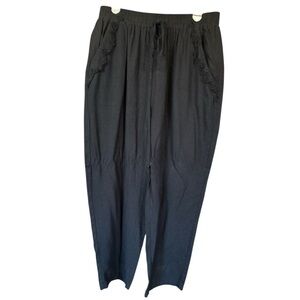 Umgee Linen Blend Frayed Edge Elastic Waist Pull-on Ankle Pants Black Medium